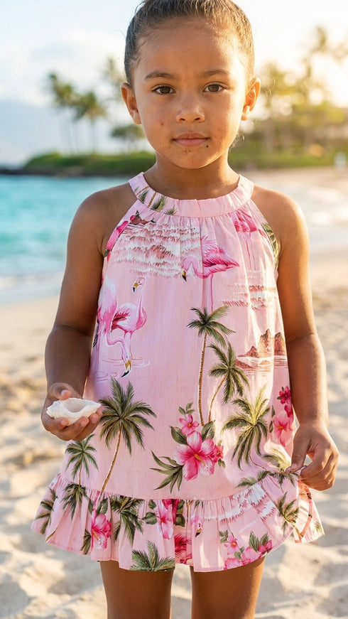 RJC Baby Girls Flamingo Paradise Halter Ruffle Hawaiian 2pc Dress Set