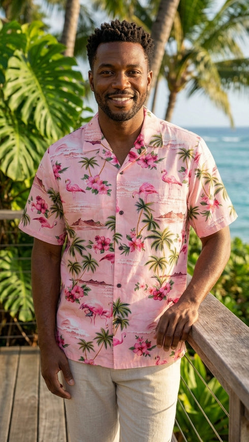 Pink Flamingo Hibiscus Men's Hawaiian Shirt