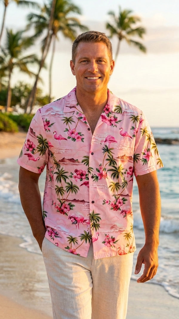 Pink Flamingo Hibiscus Men's Hawaiian Shirt