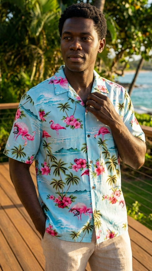 Pink Flamingo Hibiscus Men's Hawaiian Shirt