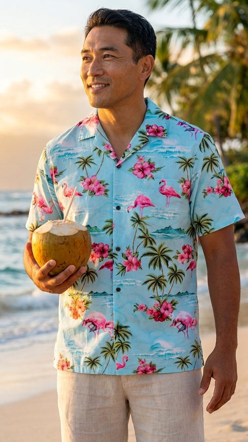 Pink Flamingo Hibiscus Men's Hawaiian Shirt