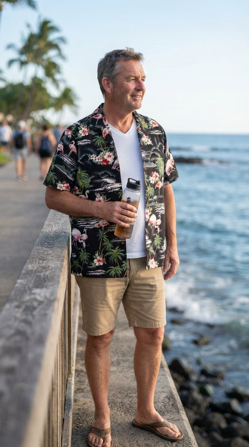 Man on an oceanside promenade in the Pink Flamingo Hibiscus Hawaiian shirt in black