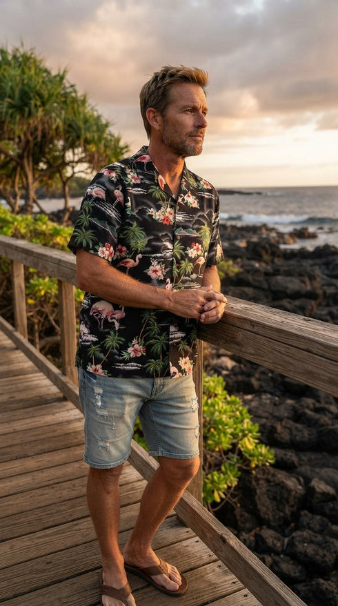Pink Flamingo Hibiscus men's Hawaiian shirt in black, worn on a boardwalk at sunset