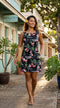Women’s A-Line Dress – Pink Flamingo Hibiscus Print – Slimming Bodice