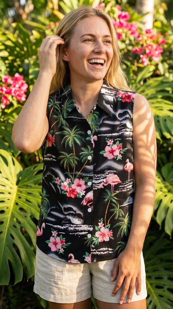 RJC Womens Pink Flamingo Hibiscus Sleeveless Button Down Shirt