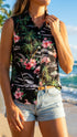 RJC Womens Pink Flamingo Hibiscus Sleeveless Button Down Shirt