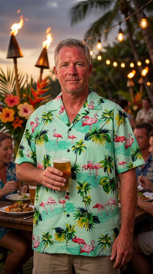 Pacific Legend Mens Pink Flamingo Paradise Shirt, additional view 3 of 5