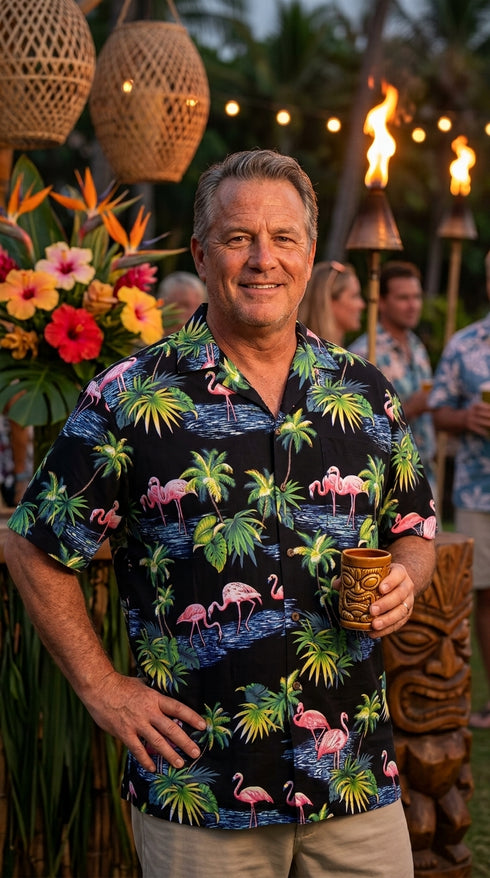 Pacific Legend Mens Pink Flamingo Paradise Shirt, additional view 5 of 5