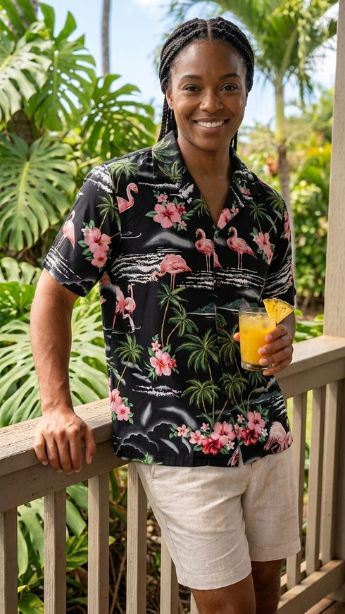 Pink Flamingo HIbiscus Women's Hawaiian Camp Shirt