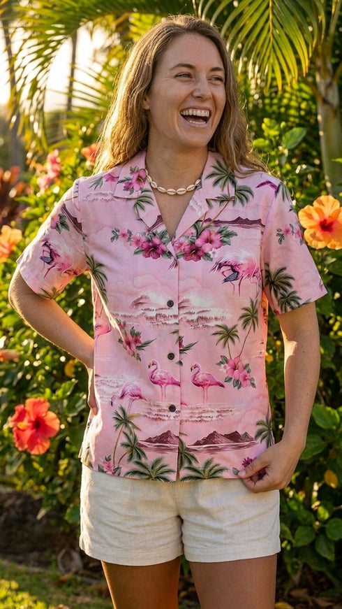 Pink Flamingo HIbiscus Women's Hawaiian Camp Shirt