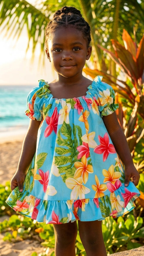 RJC Baby Girls Plumeria Sunshine Puff Sleeve Hawaiian 2pc Dress Set