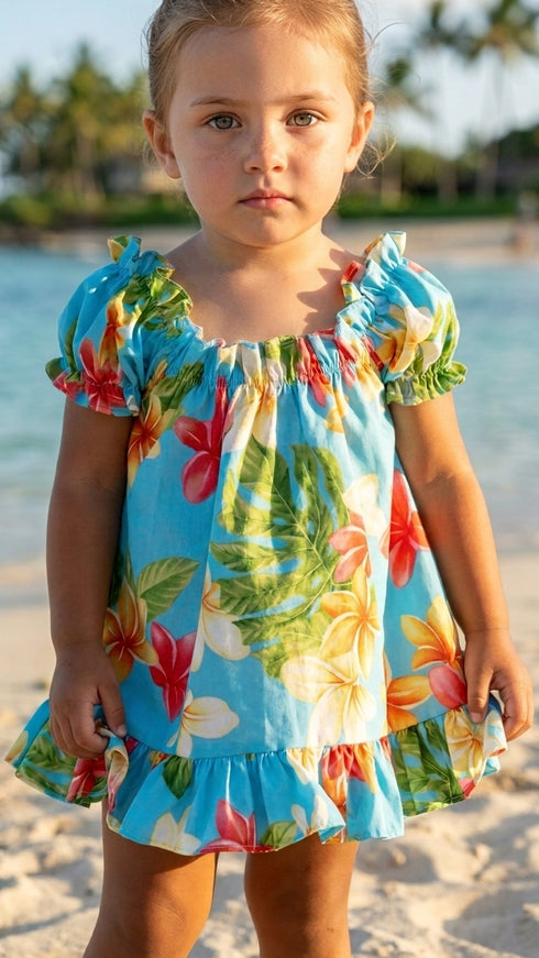 RJC Baby Girls Plumeria Sunshine Puff Sleeve Hawaiian 2pc Dress Set