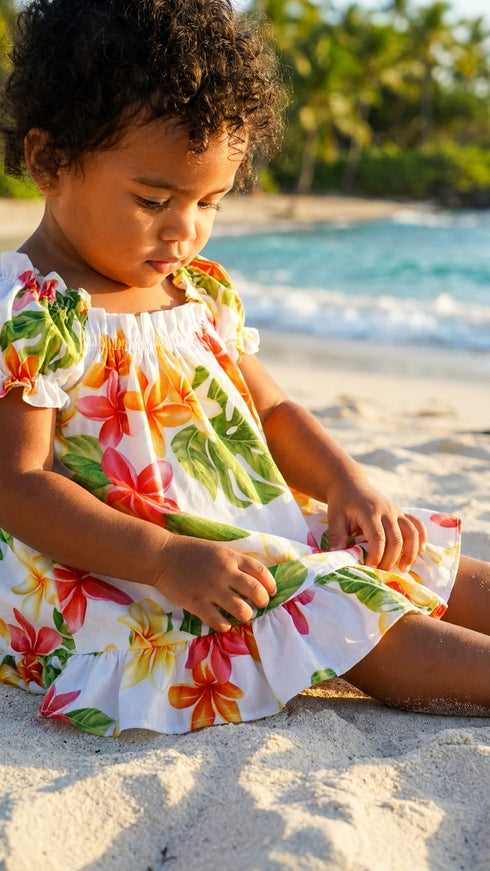 RJC Baby Girls Plumeria Sunshine Puff Sleeve Hawaiian 2pc Dress Set