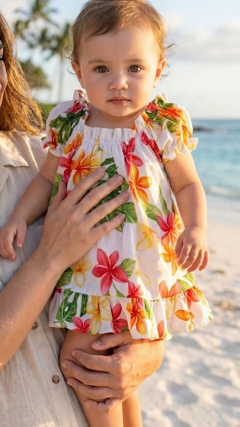 RJC Baby Girls Plumeria Sunshine Puff Sleeve Hawaiian 2pc Dress Set