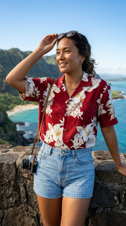 Pacific Legend Womens Plumeria Hibiscus Feather Fern Camp Shirt