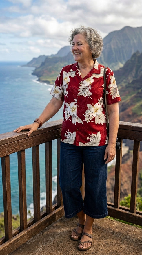 Pacific Legend Womens Plumeria Hibiscus Feather Fern Camp Shirt
