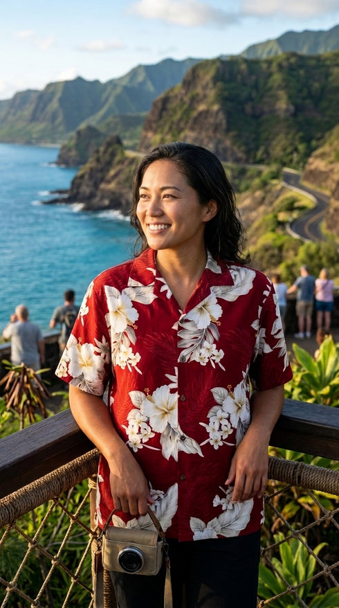 Pacific Legend Womens Plumeria Hibiscus Feather Fern Camp Shirt