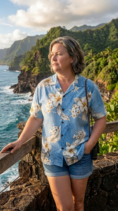 Pacific Legend Womens Plumeria Hibiscus Feather Fern Camp Shirt