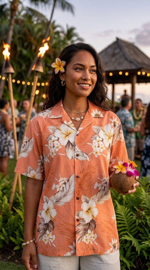 Pacific Legend Womens Plumeria Hibiscus Feather Fern Camp Shirt