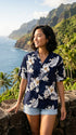Pacific Legend Womens Plumeria Hibiscus Feather Fern Camp Shirt