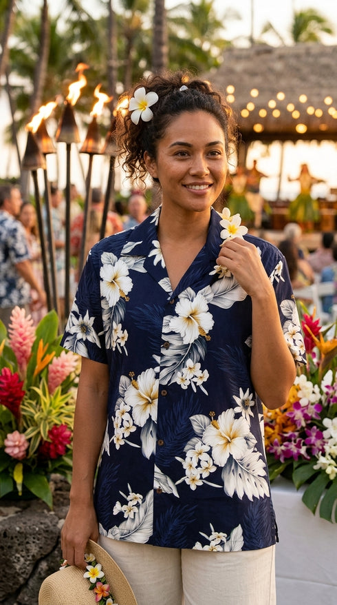 Pacific Legend Womens Plumeria Hibiscus Feather Fern Camp Shirt