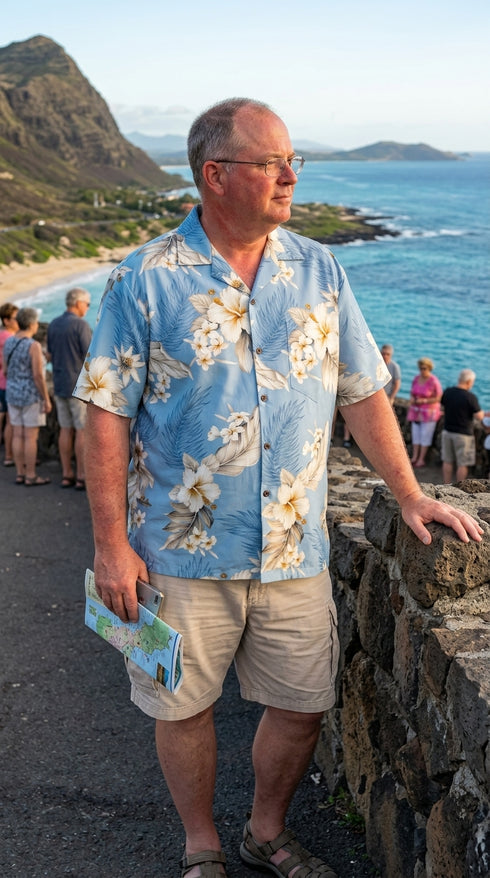 Pacific Legend Mens Plumeria Hibiscus Feather Fern Shirt