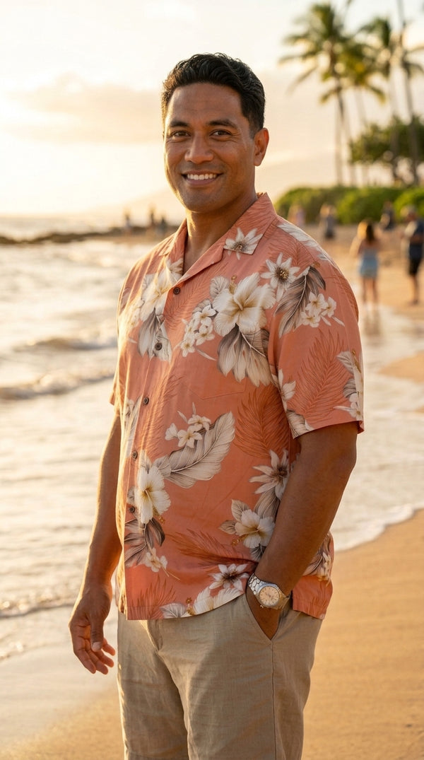 Pacific Legend Mens Plumeria Hibiscus Feather Fern Shirt