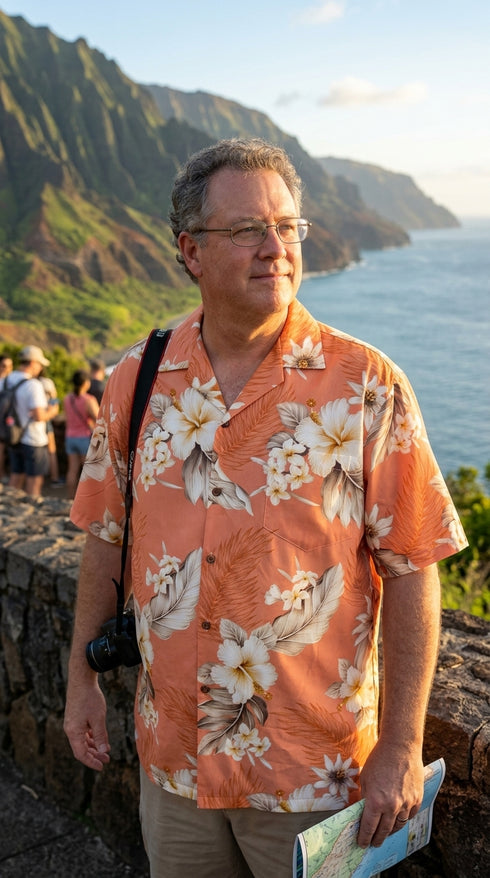 Pacific Legend Mens Plumeria Hibiscus Feather Fern Shirt