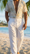 Mens White Linen Rayon Drawstring Pants Sizes S-2X