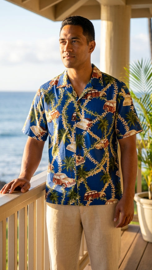 RJC Mens Plumeria Lei Woodie Poly Cotton Blend Shirt