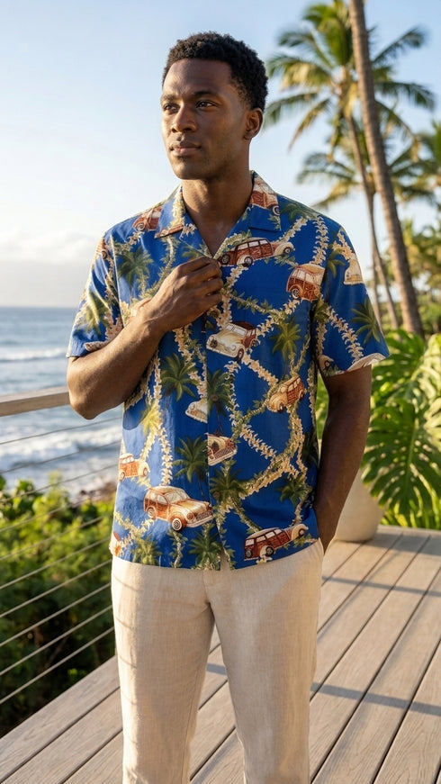 RJC Mens Plumeria Lei Woodie Poly Cotton Blend Shirt