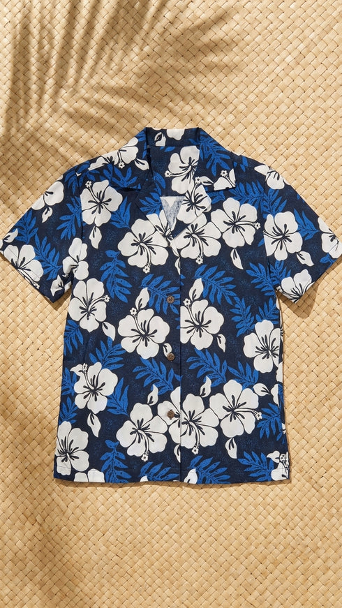 White Hibiscus Fern Women's Hawaiian Camp Shirt