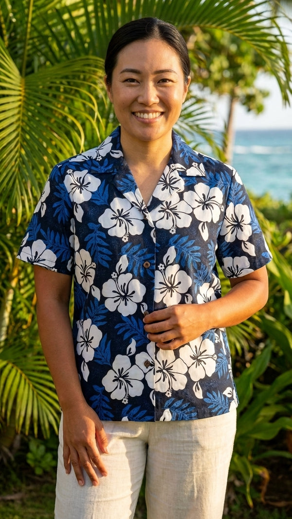 White Hibiscus Fern Women's Hawaiian Camp Shirt