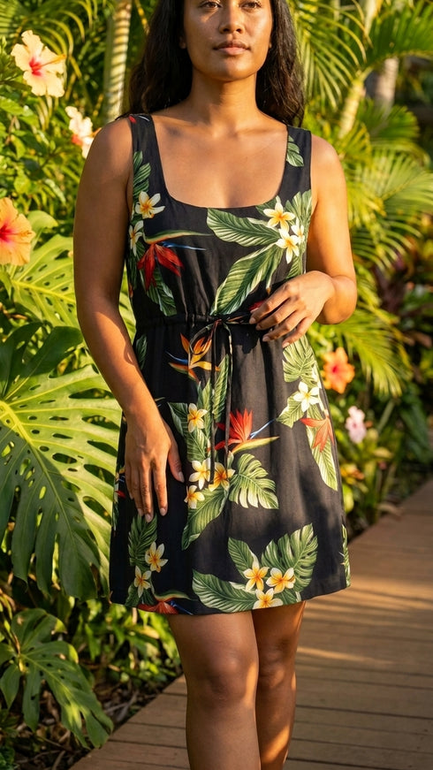Bird of Paradise Display Women's Empire Tie Front Hawaiian Dress (Generous Fit)