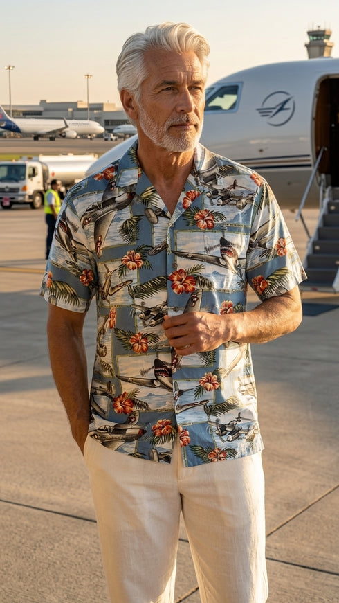 RJC Mens Hibiscus Fighter Airplane Shirt