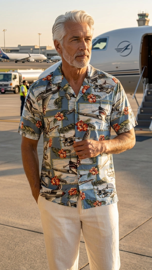 RJC Mens Hibiscus Fighter Airplane Shirt