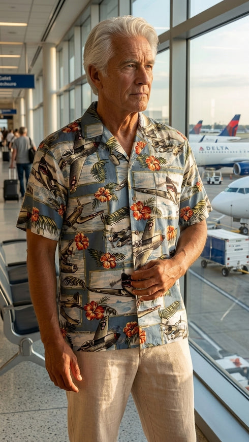 RJC Mens Hibiscus Fighter Airplane Shirt