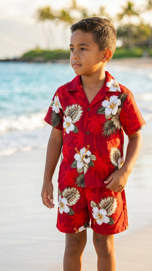 White Hibiscus Monstera Boy's 2pc Hawaiian Cabana Set