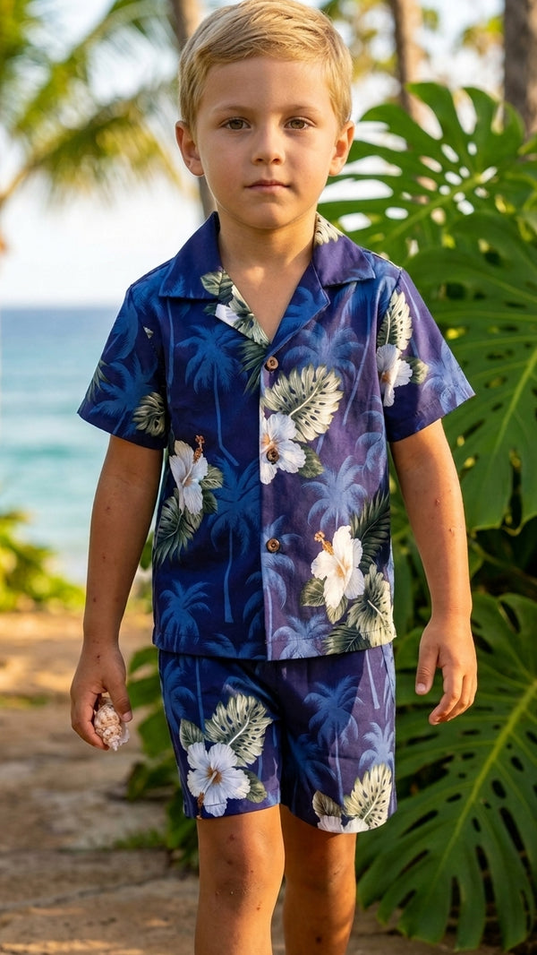 White Hibiscus Monstera Boy's 2pc Hawaiian Cabana Set