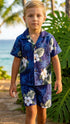 White Hibiscus Monstera Boy's 2pc Hawaiian Cabana Set