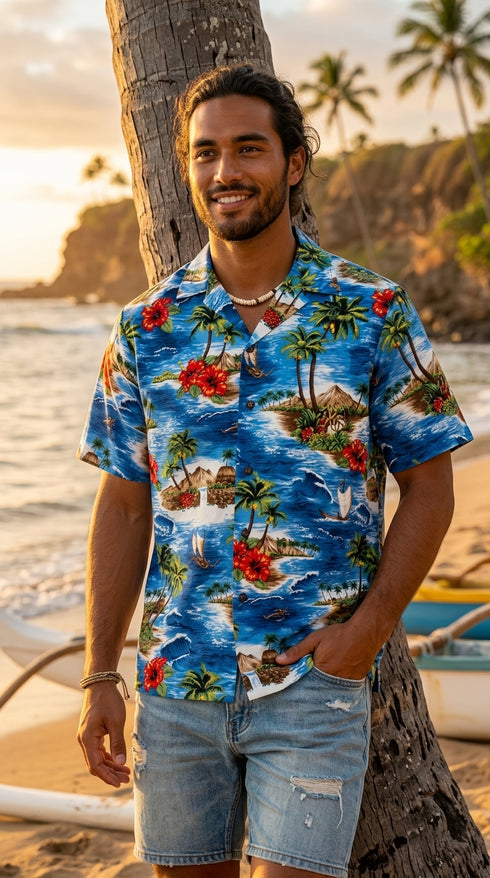 Red Hibiscus Island Men's Hawaiian Shirt