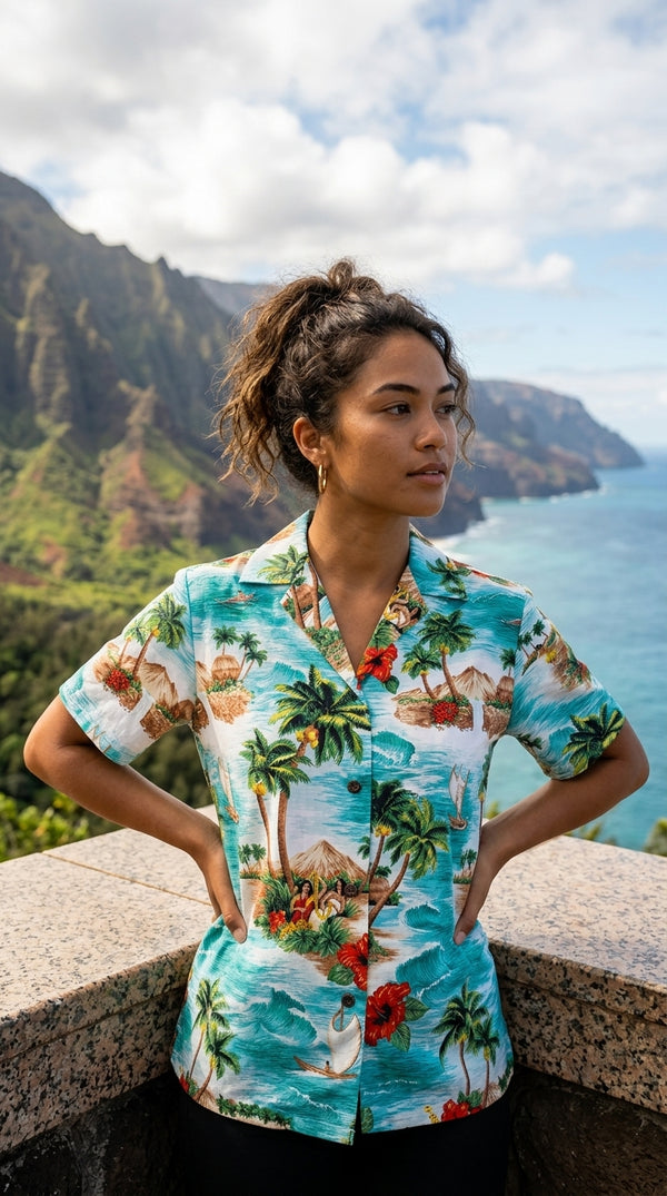 Red Hibiscus Island Women's Hawaiian Camp Shirt