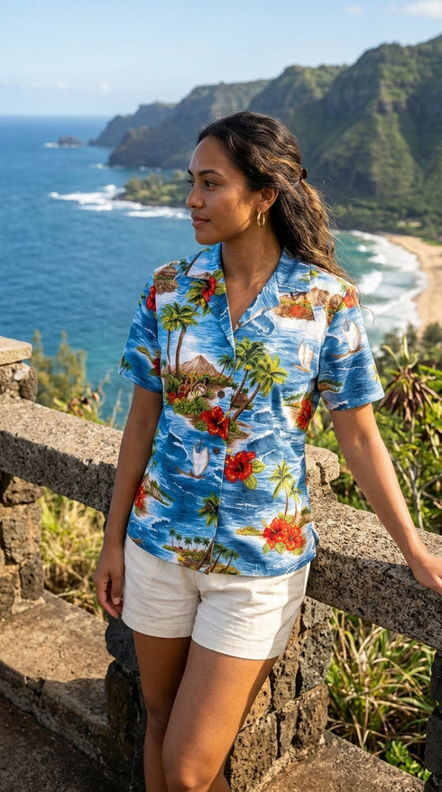 Red Hibiscus Island Women's Hawaiian Camp Shirt