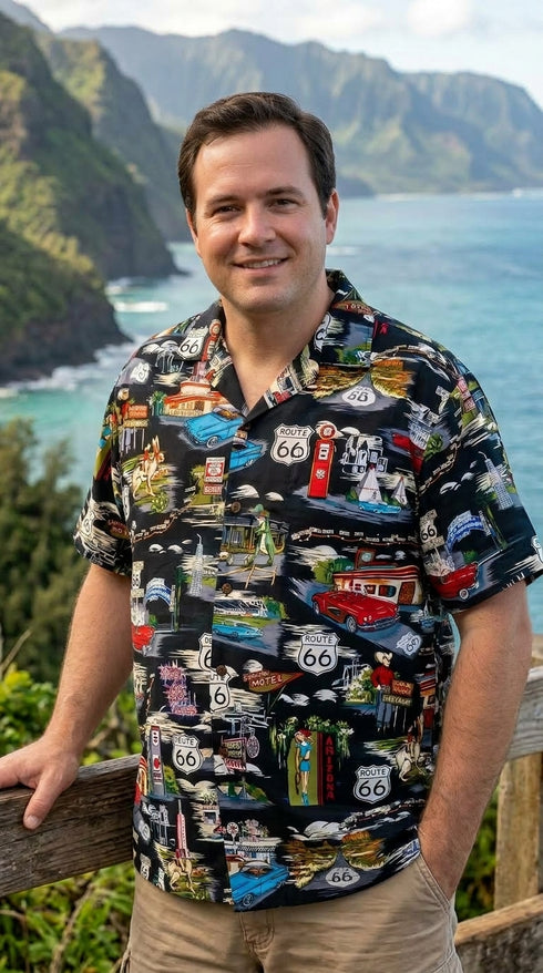 Man at a coastal lookout in the Pacific Legend Route 66 Travel Sights Hawaiian shirt in black