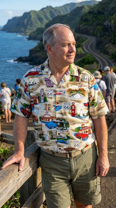 Man at an ocean overlook in the Route 66 Travel Sights Hawaiian shirt in khaki