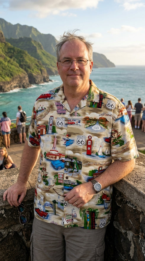 Man on the coast in the Pacific Legend Route 66 men's cotton Hawaiian shirt in khaki