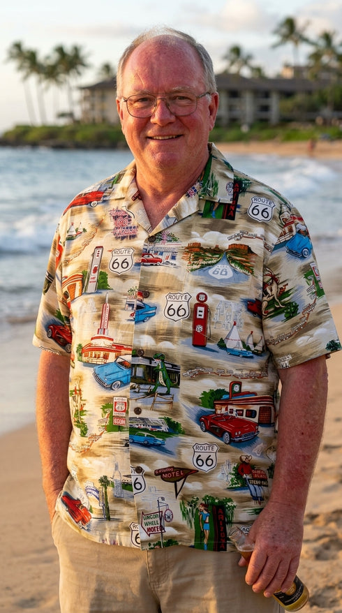 Man on the beach in the Pacific Legend Route 66 classic car Hawaiian shirt in khaki