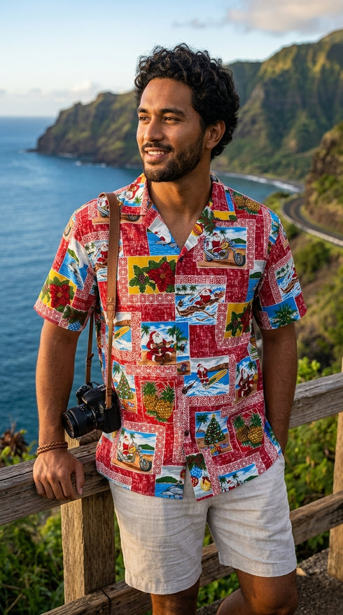 Pacific Legend Santa Yesterday & Today Men's Hawaiian Shirt, additional view 3 of 6