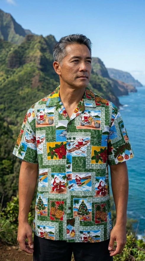 Pacific Legend Santa Yesterday & Today Men's Hawaiian Shirt, additional view 4 of 6