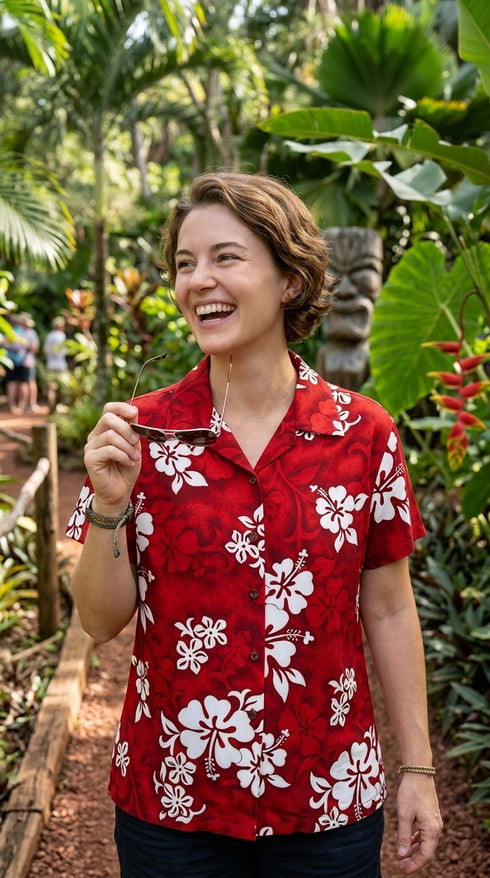 Pacific Legend Women's Shadow White Hibiscus Fitted Shirt